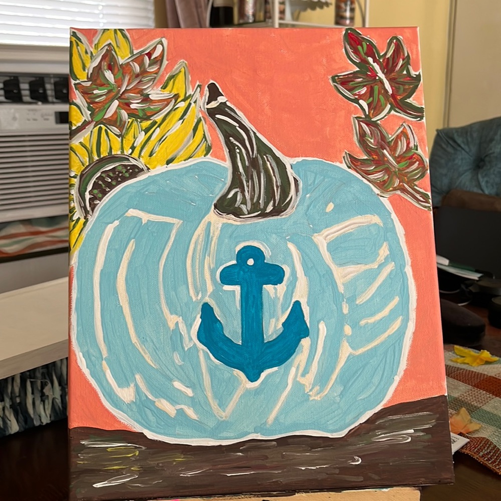 Sea side blue pumpkin painting. Acrylic paint hand painted . Brand new